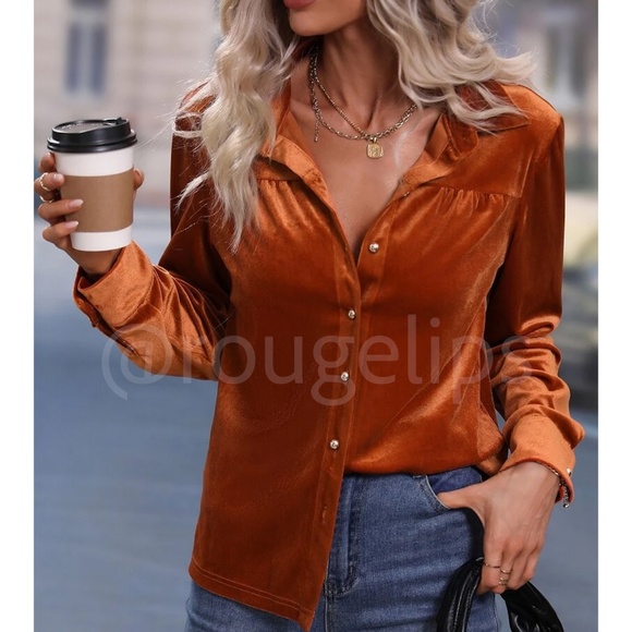 Rouge! Tops - Velvet Rust Brown / Orange Casual Button Up / Down Shirt Collar, V-Neck